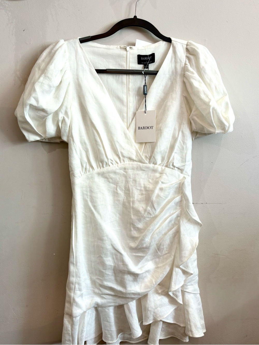 Bardot White Puff-Sleeve Wrap Mini Dress